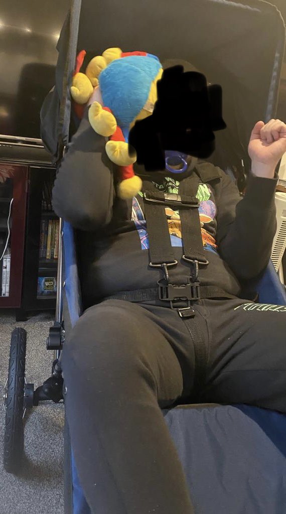 Daddy wanted to test out putting me in my pushchair before we went on a trip. #abdl #abdllife #abdlcommunity  #abdlpushchair #ageplayboy #abdlboy