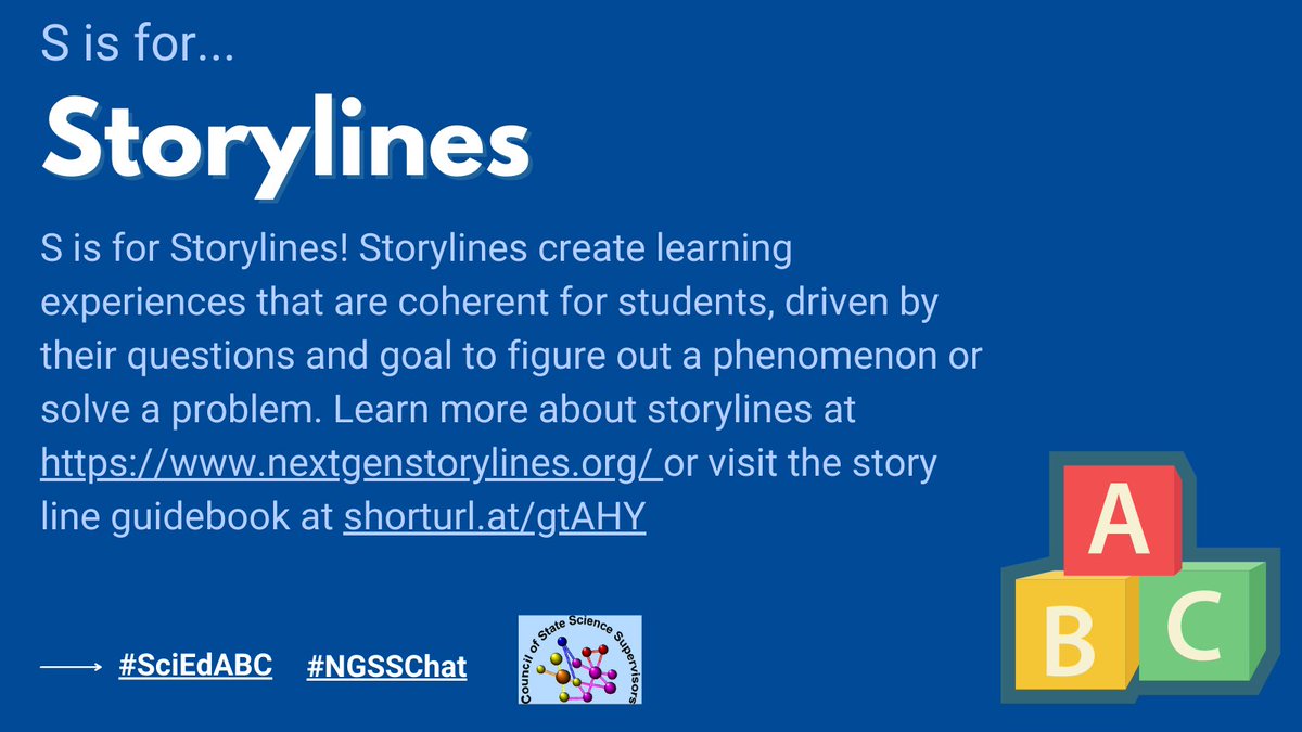 CSSSupervisors's tweet photo. S is for Storylines!  Storylines create  coherent learning experiences for students, driven by their questions &amp; to figure out phenomenon or solve problems.  Learn more at https://t.co/uAZ8VQpUVA or visit the story line guidebook at https://t.co/DttPYT8flP #SciEdABC #NGSSchat https://t.co/POkCYqu5Uj