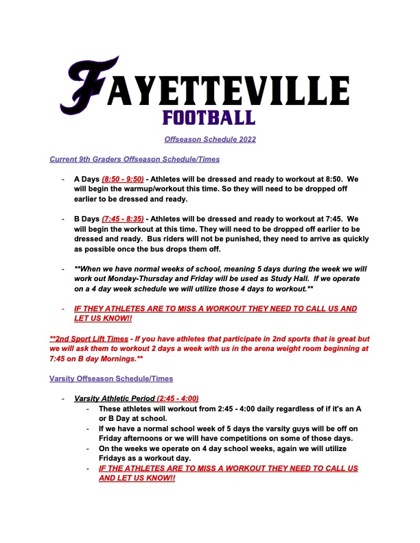 Here is the offseason schedule for the spring. Workouts start back up on Thursday morning, which is a B day.