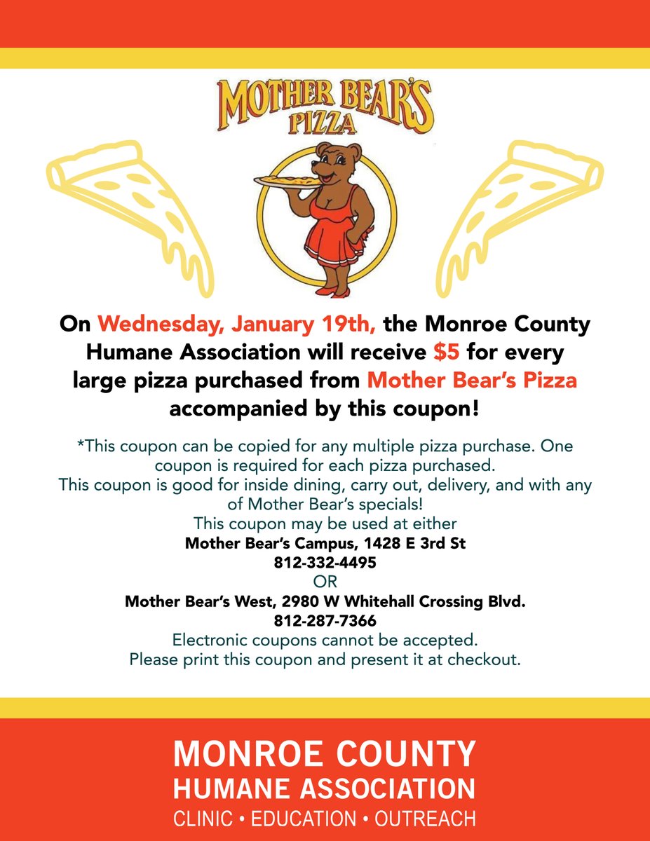 mcha1's tweet photo. Get ready to Dine &amp; Donate at Mother Bear's Pizza!
On Wednesday, Jan. 19th, visit either Mother Bear's Pizza West or Mother Bear's Pizza Campus and help earn $5 for MCHA with every large pizza you purchase!
Just download/save and print this coupon, and present it at checkout! https://t.co/uTHv6fMdZJ