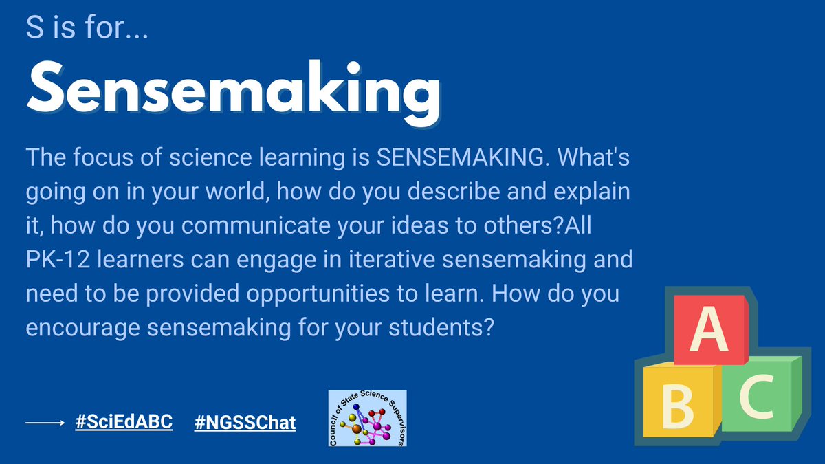 CSSSupervisors's tweet photo. Science learning is SENSEMAKING. What's going on in your world, how do you describe and explain it, how do you communicate your ideas to others? All PK-12 learners can engage in iterative sensemaking &amp; need to be provided opportunities to learn. #sciedabc #ngsschat @starrscience https://t.co/UlFD3wN1hD