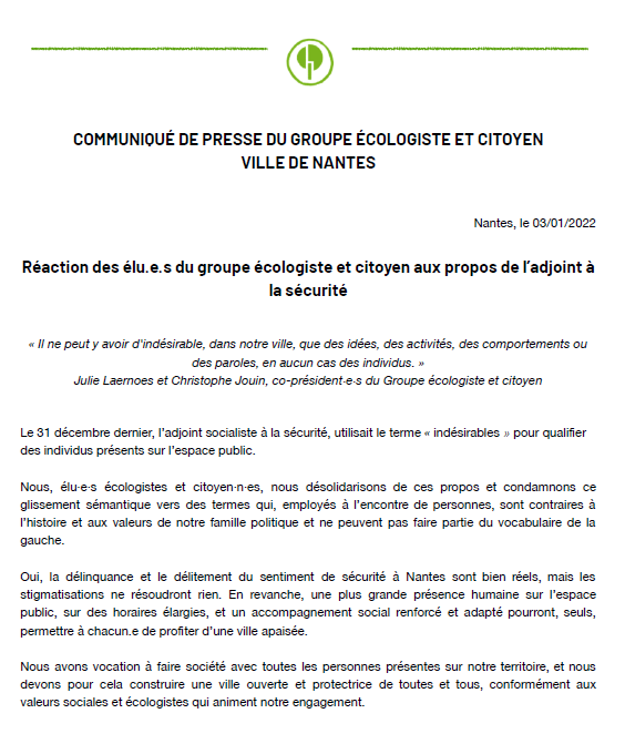 Il ne peut y avoir d'indésirable, dans notre ville, que des idées, des activités, des comportements ou des paroles, en aucun cas des individus. Les propos tenus récemment sont contraires à l’histoire et aux valeurs de la #gauche.
Notre communiqué ⬇️
