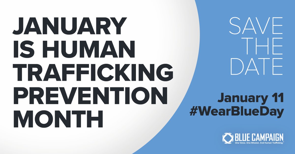January is Human Trafficking Prevention Month. All month, we will share how you can play a part in combating #HumanTrafficking. Start by marking January 11th #WearBlueDay in your calendar.  

Learn more about how you can participate: bit.ly/32Z6Obu