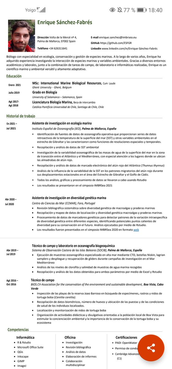 EnriqueSFGR's tweet photo. Hola Twitter, mi propósito para el 2022 es conseguir encontrar trabajo. ¿Me ayudas?
Soy biólogo marino. Me interesa principalmente la gestión/conservación de especies marinas. Estoy abierto a cualquier trabajo en ese ámbito y similares. 
También me atrae la investigación. Mi CV: https://t.co/IxRVMStaCr