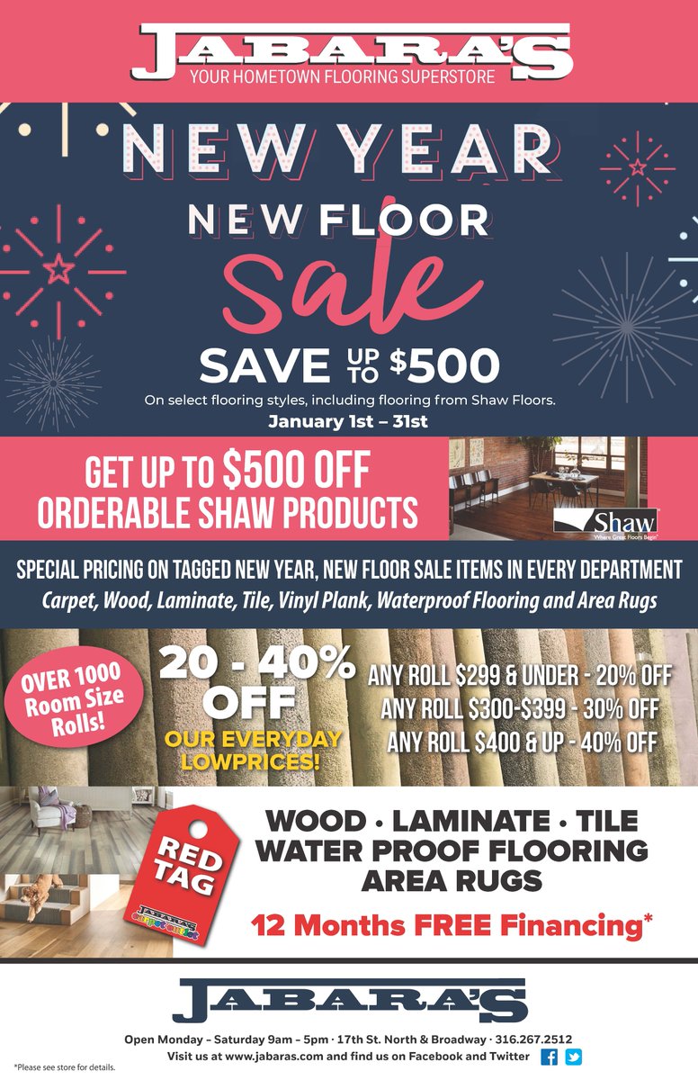 jabarascarpet's tweet photo. Its a #NewYearNewFloor #flooringsale Save up to $500 off your next #flooring purchase! Receive 12 month #financing on all products and services! Save up to 50% off all #carpet & #vinyl #remnants & #redtags Up to 90% off flooring during our month long NYNF #Warehousesale https://t.co/Q8SFvhsMaq