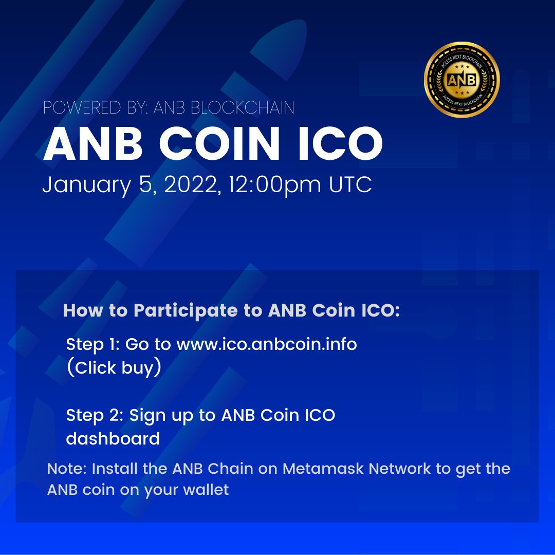 anbblockchain's tweet photo. Save the date!
January 5, 2022, 12:00pm
ANB Coin ICO Buy button will be open!
ANB Coin is public sale!!!
#ANBcoin #ANBblockchain https://t.co/qwnarIjobK
