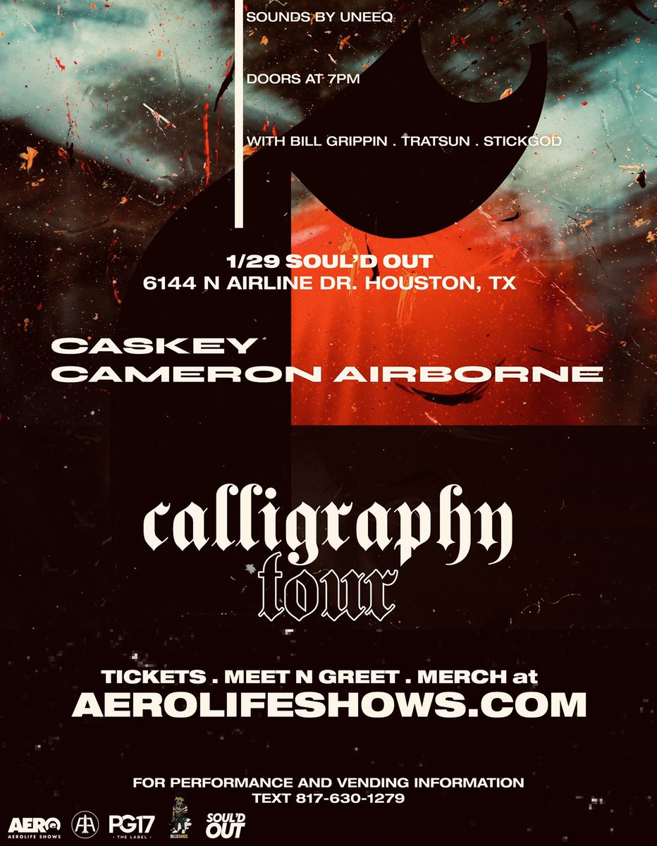 iamuneeqmuzik's tweet image. The #CalligraphyTour w/ @caskeysnotdead &amp;amp; @CameronAirborne

1/20 Fort Worth, TX w/ @connorgibbons97 @natexvalentine @tonylxvesmusic +

1/29 Houston, TX w/ @STICKGOD13 @BillGrippin +

Sounds by @iamuneeqmuzik
Hosted by @dontfollowmeka

Tickets, Merch, M&amp;amp;G @ AEROLIFESHOWS.COM
