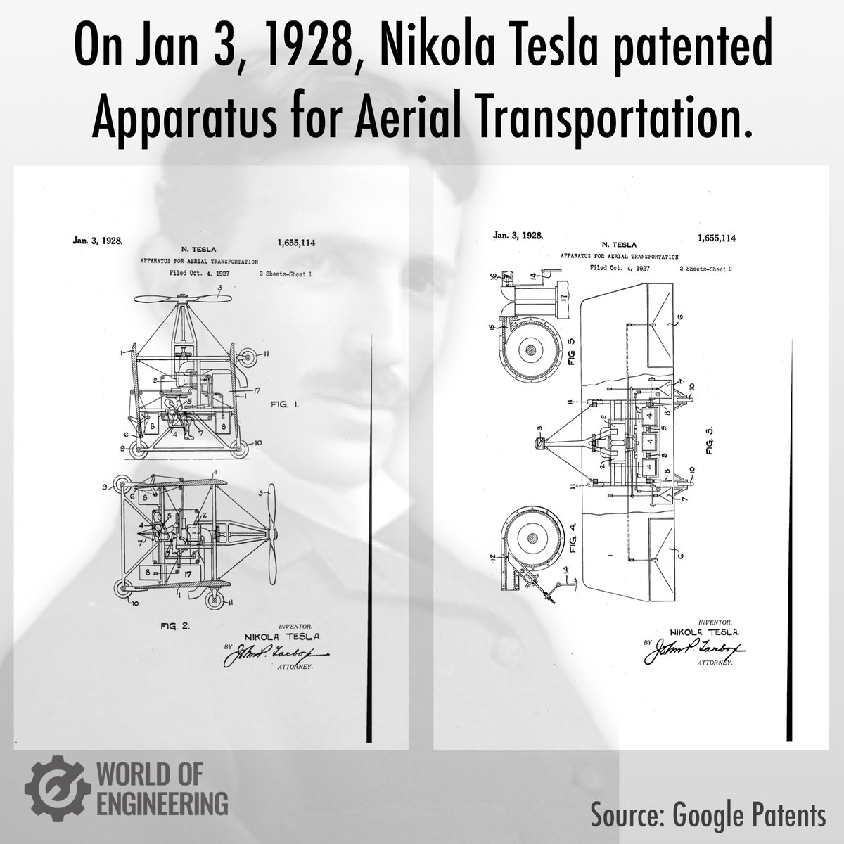 On Jan 3, 1928, Nikola Tesla patented Apparatus for Aerial Transportation.
