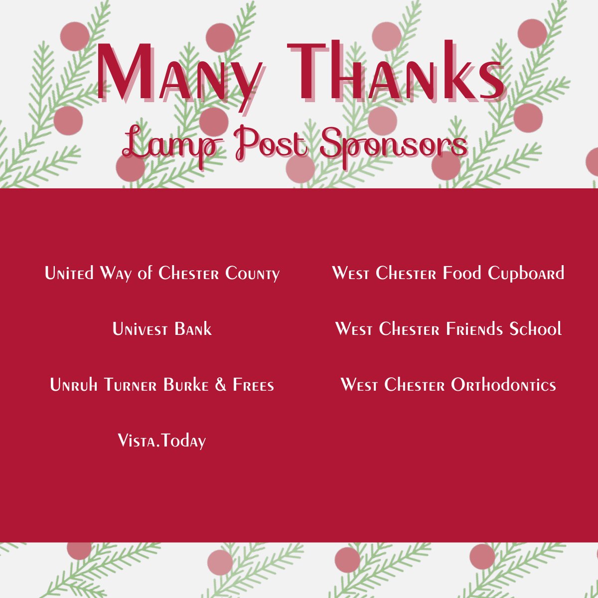 GWCC_PA's tweet photo. The #GWCC would like to thank the generous Lamp Post Sponsors of Chester County Hospital (@cchosp) Lights Up #HolidayWeekendsinWestChester. Thank you for making spirits bright in #chesco! https://t.co/lYk1F8hojo