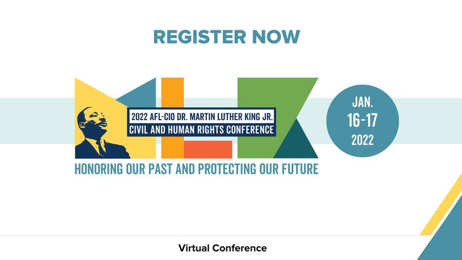 LizShuler's tweet photo. Registration is OPEN for the 2022 @AFLCIO #MLKConf, Honoring Our Past & Protecting Our Future.
This virtual conference will challenge us to look at how we can build a multiracial, progressive labor movement reflective of our changing workforce. Register: https://t.co/MDvwIH9Vga https://t.co/4NbglIz6KJ