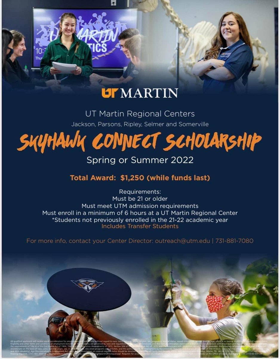 UTM_Parsons's tweet photo. All new students who register before January 13th will receive this one time scholarship! Call 731-847-3880 to make an appointment to meet with an advisor. #utmcenters https://t.co/zGhyYkesfM