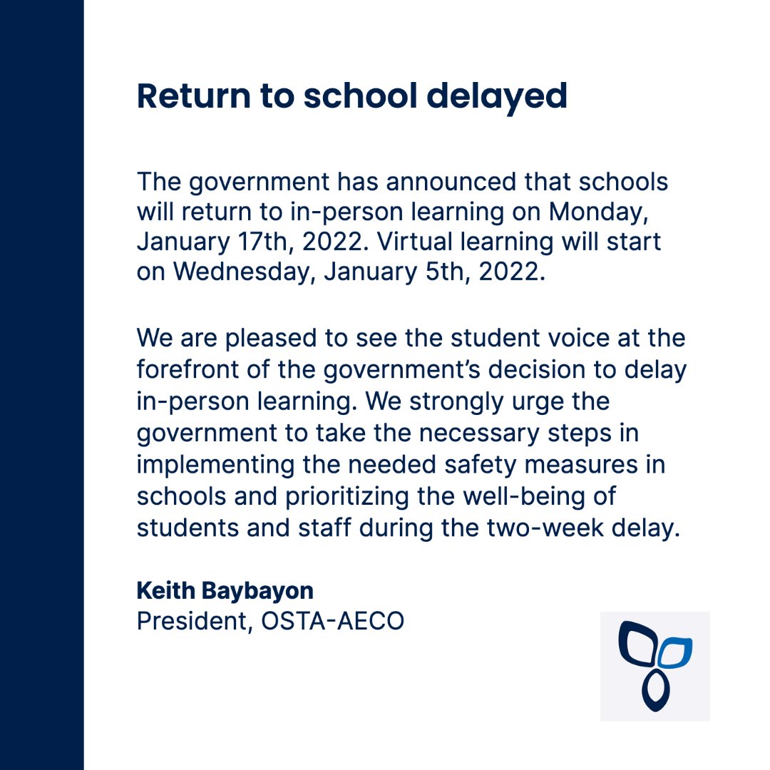 We continue to recommend that the government monitor COVID-19 cases in schools and child-care settings. For any questions or concerns you may have, please direct them to your school board student trustee. #OntEd