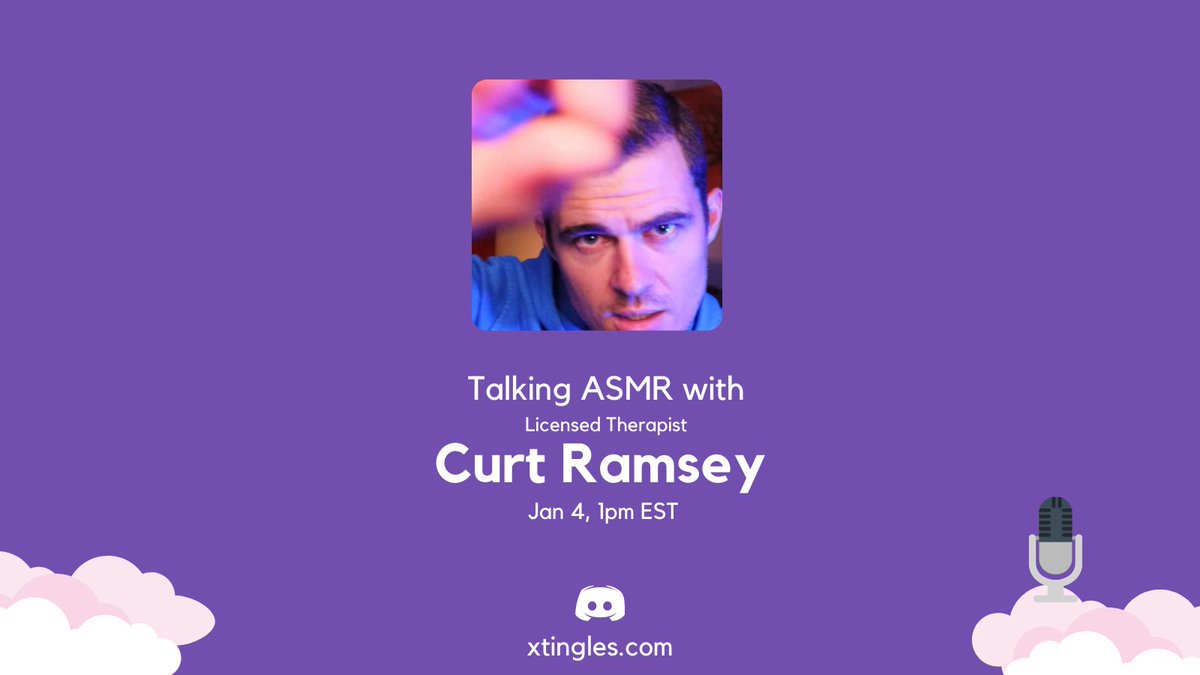 xtinglescom's tweet photo. Join us as we talk ASMR with Curt Ramsey , a licensed therapist using ASMR in his counseling. He is a leading pioneer in ASMR application and also creates ASMR videos.
Time: Jan 4, 1PM EST
Join our discord below!
https://t.co/AYuUbmOf29
#asmr #asmrtalks #asmrcommunity https://t.co/Qq8tg40xIT