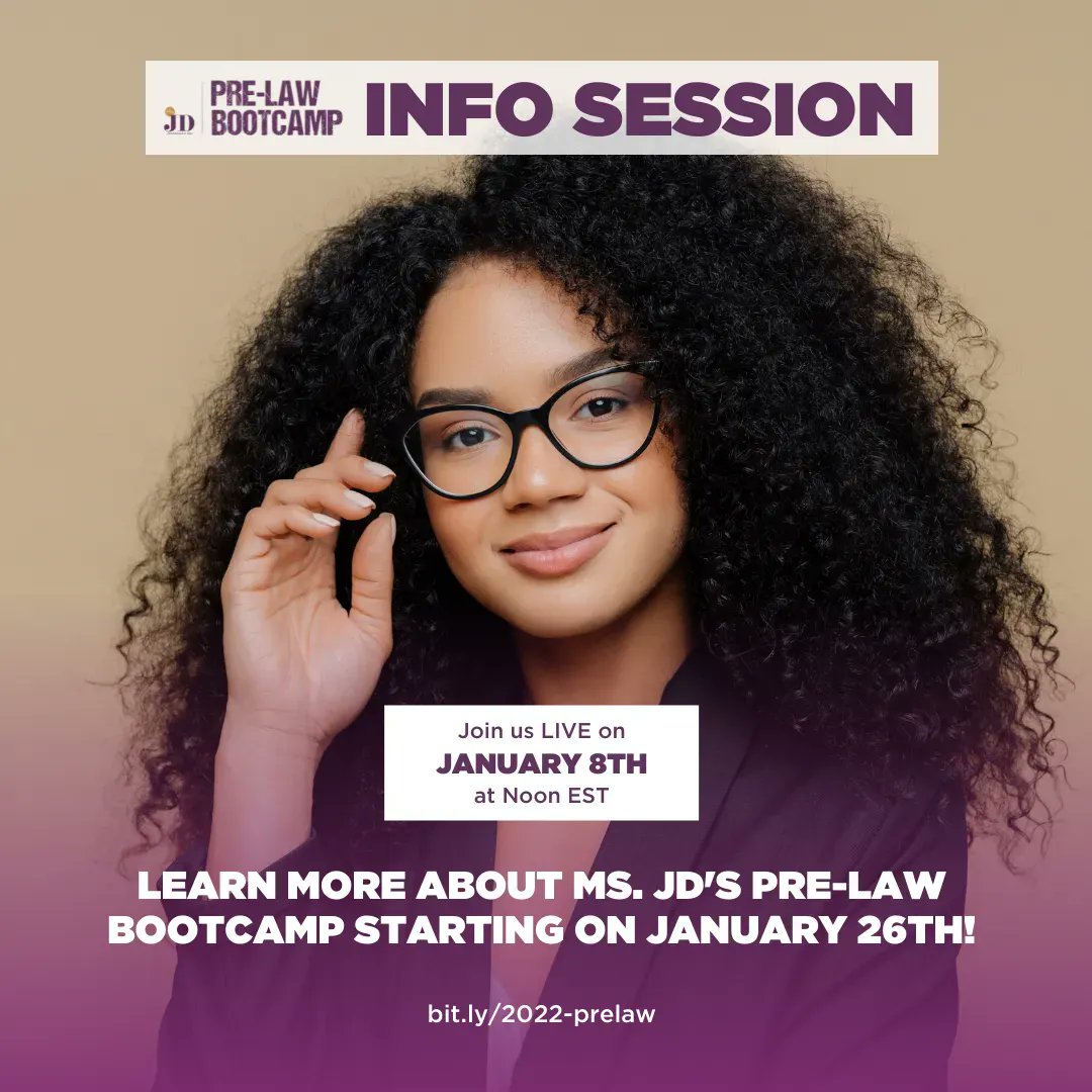 msjdorg's tweet photo. You’ve got a big decision ahead of you - law school. It’s not an easy choice. And, let’s be honest, it can be quite daunting. Join us LIVE this Saturday, Jan. 8th at Noon ET to learn more about the Ms. JD Pre-Law Bootcamp! https://t.co/jJ33KEHJZz

#msjd #lawtwitter #prelaw #lsat https://t.co/gl7G3J6jhl