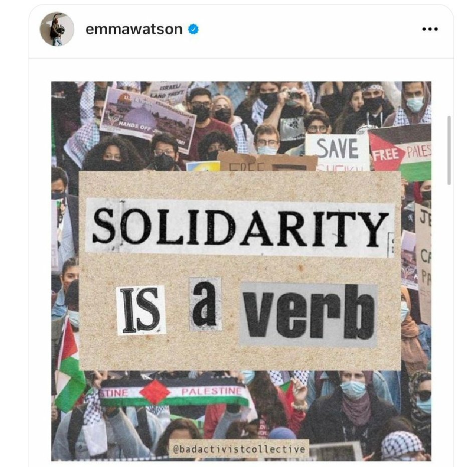 Puridunia's tweet photo. British actress Emma Watson of Harry Potter fame expressed solidarity with the Free Palestine movement on Instagram. @mehdizafar #FreePalestine #Palestine #Gaza #EmmaWatson https://t.co/Ep5J88neF6