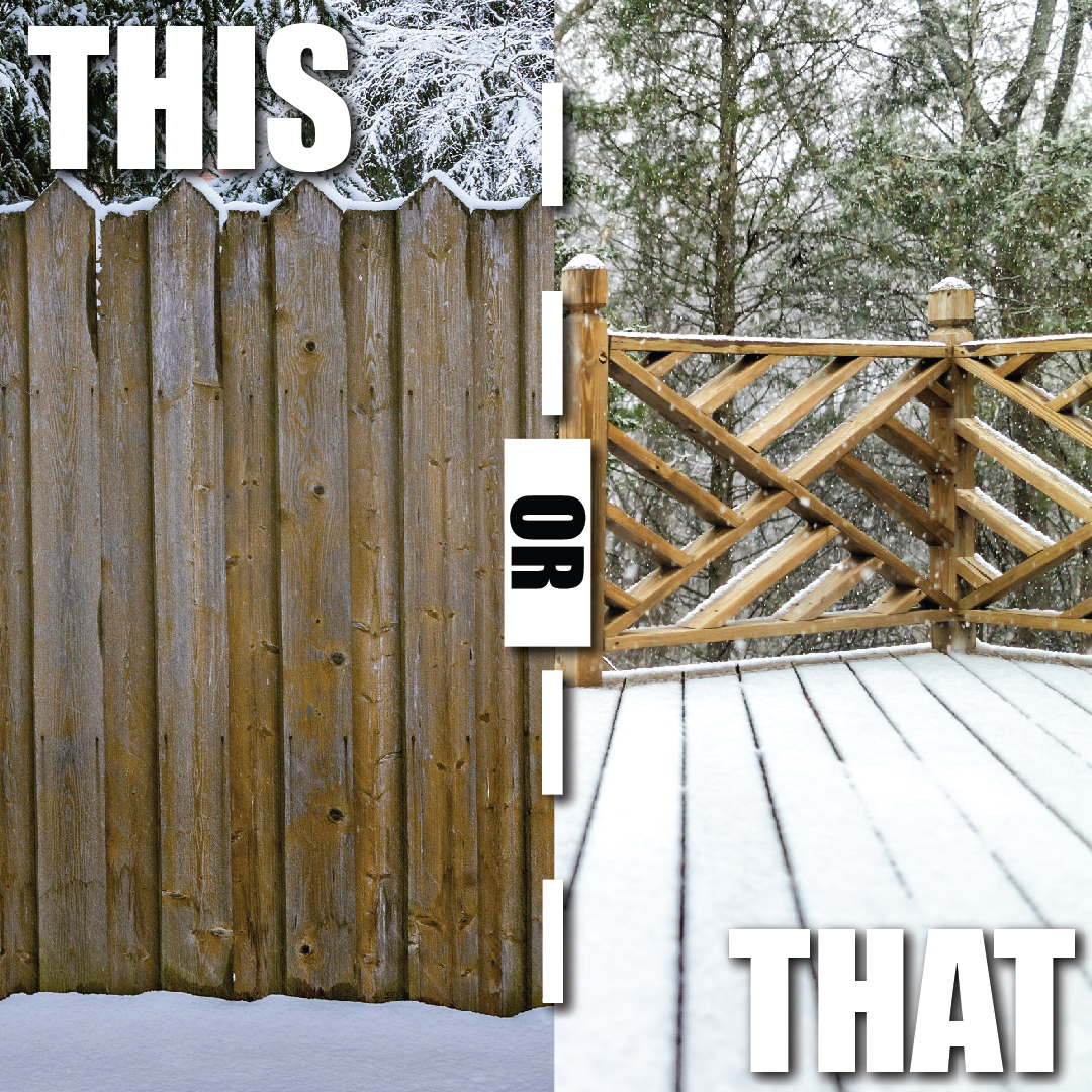 Colorado811's tweet photo. #ThisorThat Which view would you like to see next winter? A new deck or a new privacy fence?
No matter which you choose, if your plans include #digging, make sure you choose #safedigging and #contact811 #beforeyoudig. https://t.co/mb0MXo9WwA