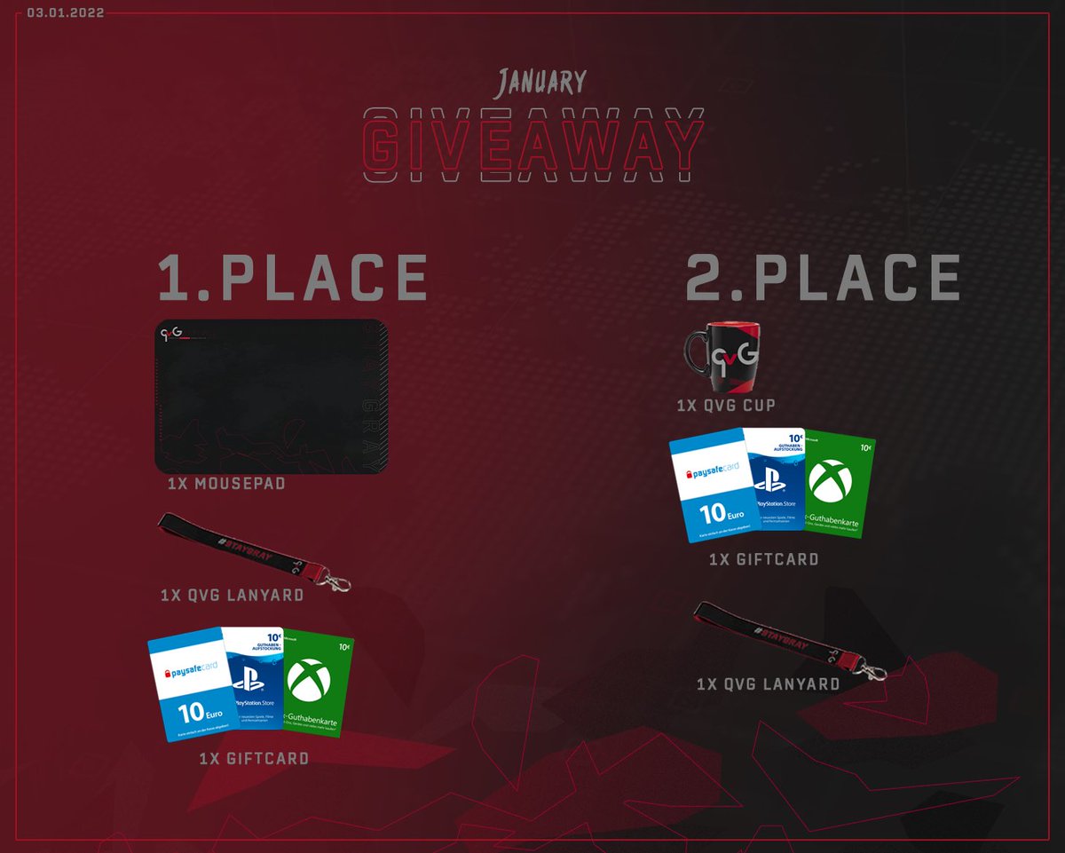 🎁 January Giveaway 🎁

For this months #Giveaway we decided to pick two winners ✨

For your chance make sure

You follow <a href="/qvGeSports/">qvG eSports</a> ✅
Tag a friend for his 2. Place  ✅
Retweet this post ✅

Both winners will be picked on sunday 9th January on 8pm ⏰

Good luck 🍀

#staygray