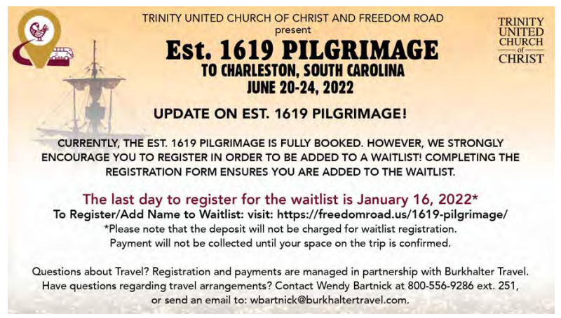 TrinityChicago's tweet photo. Trinity Family &amp; Friends!
The 1619 Pilgrimage to Charleston S.C. is fully booked. We encourage you to “waitlist”.
Register – https://t.co/J5qfRGmE1j
Waitlist Deadline Extended to Jan. 16, 2022 
For more info, contact Wendy Bartnick at: wbartnick@burkhaltertravel.com https://t.co/CkN12dd2Di