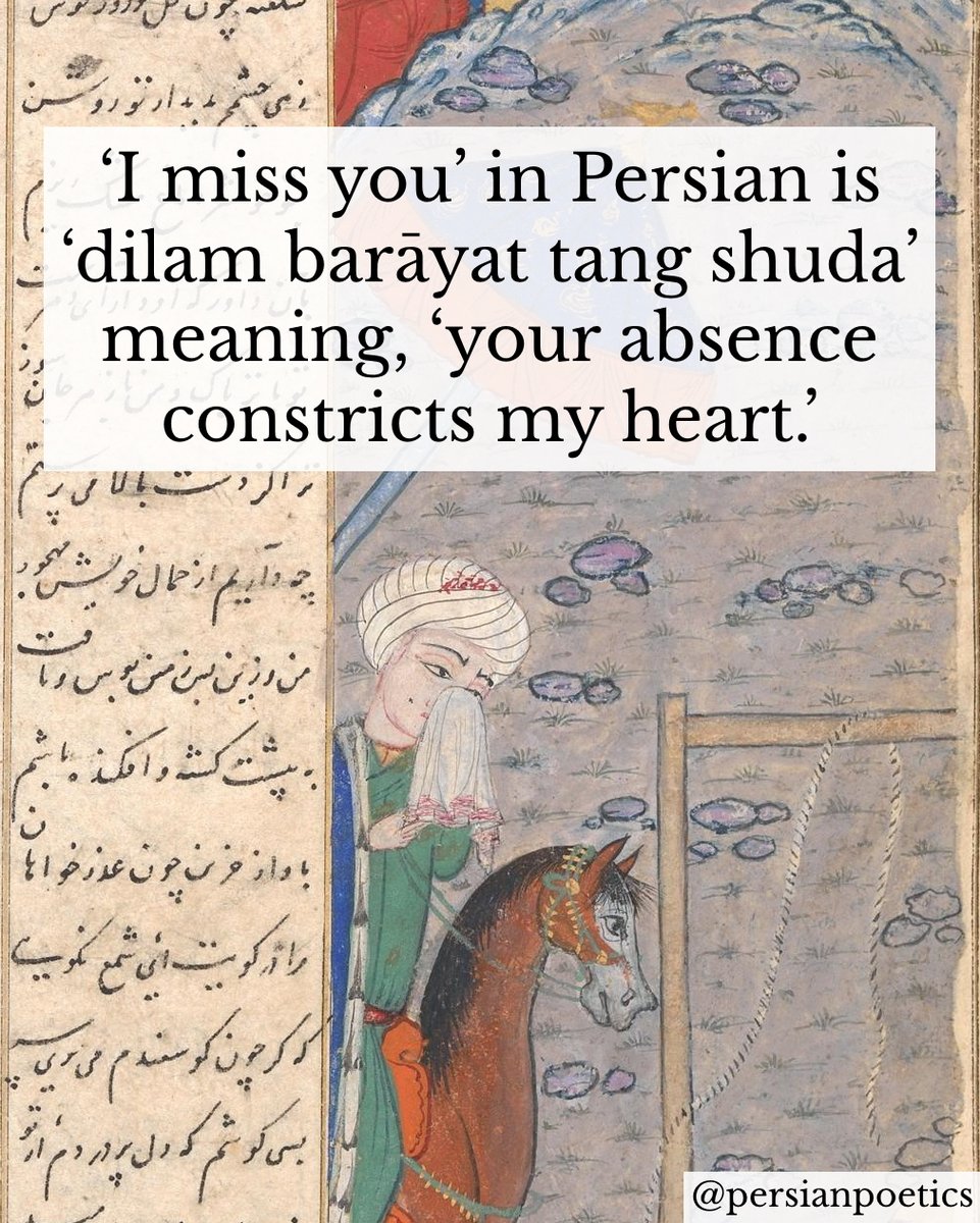 ‘I miss you’ in Persian is ‘dilam barāyat tang shuda’ meaning, ‘your absence constricts my heart.’