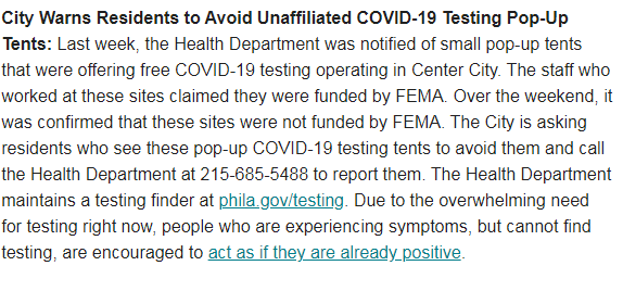 FarFarrAway's tweet photo. Um...this is from the City of Philadelphia and it's slightly disturbing. 

Were these fake COVID testing sites? Were they charging? Were they administering actual tests or just making people's results up? This is really weird, even for Philly. https://t.co/xvrSs0v613