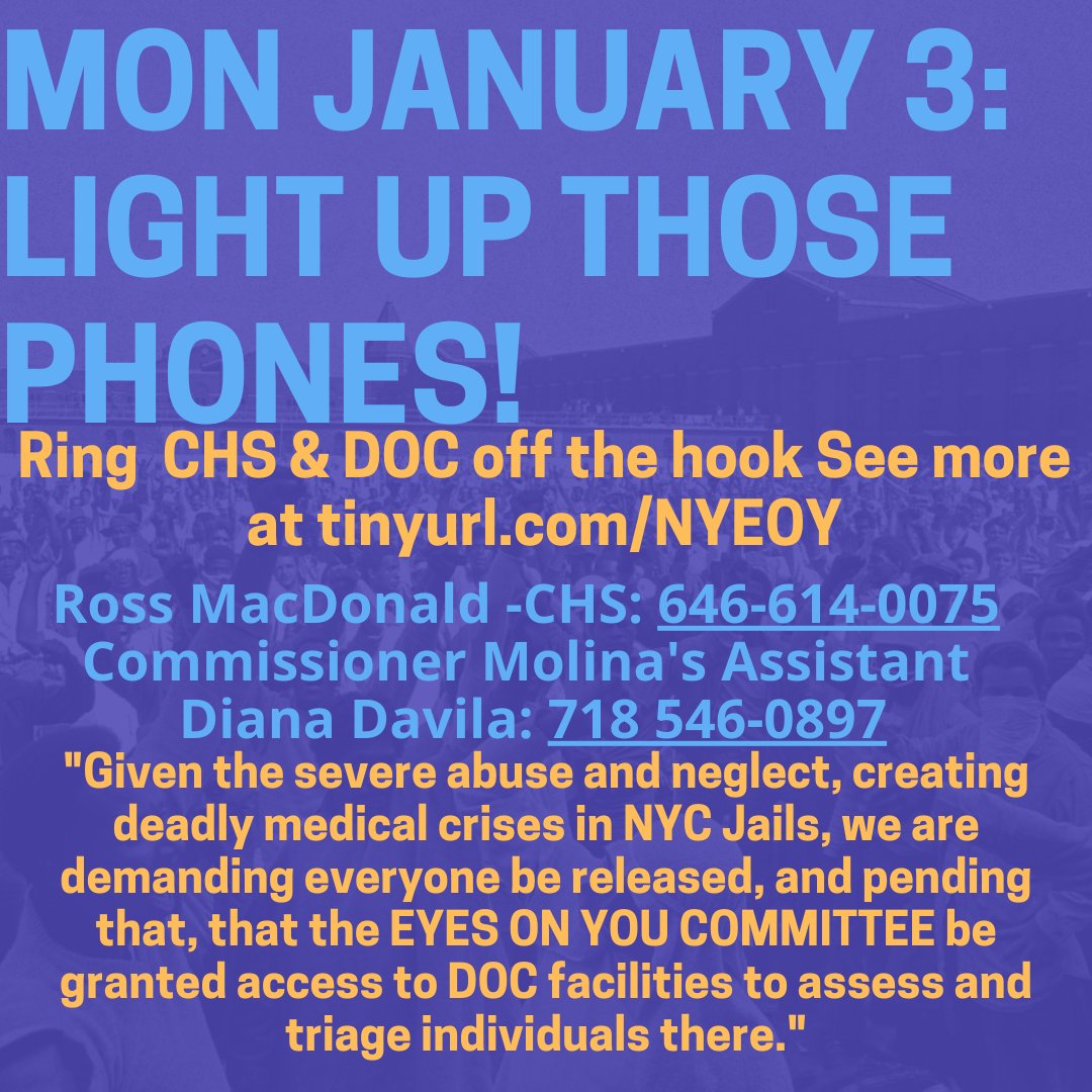 TODAY! Call!
Ross MacDonald 6466140075
Molina Exec Asst 7185460897
"Given the deadly medical crises in NYC Jails we are demanding everyone be released &amp; pending that that the EYES ON YOU COMMITTEE be granted access to DOC facilities to assess &amp; triage individuals there."