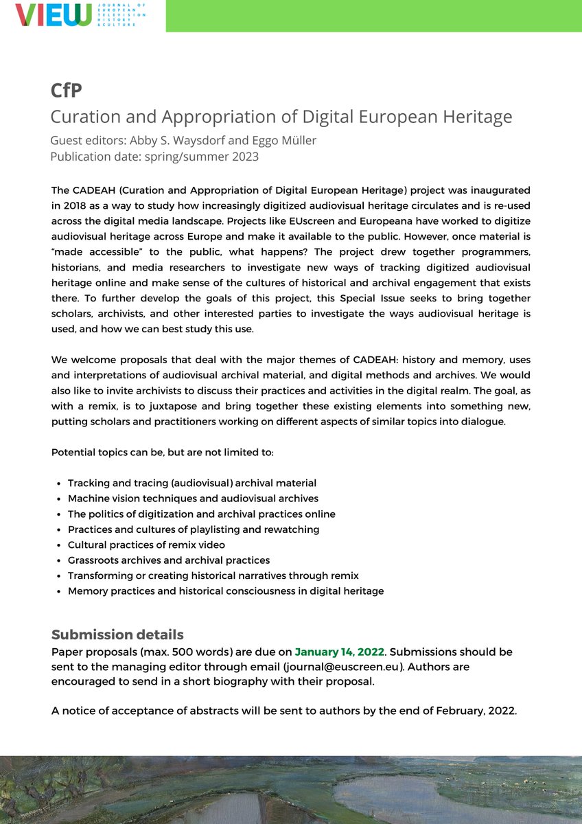 ⚠️Just a few more days to submit your proposal to our latest #CFP ! This issue seeks to bring together scholars, archivists, and other interested parties to investigate the ways #AV #heritage is used, and how we can best study this use📜
Full info➡️ viewjournal.eu/announcement/#…