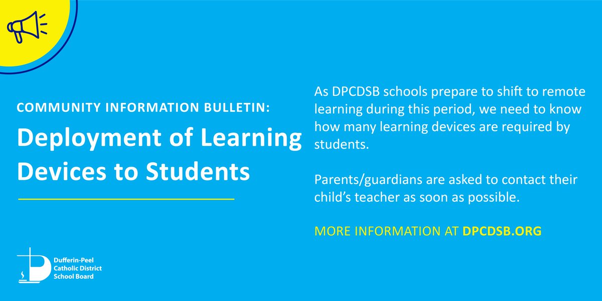 📢IMPORTANT:
As DPCDSB schools prepare to shift to remote learning, we need to know how many learning devices are required by students.

Parents/guardians are asked to contact their child’s teacher ASAP, so that we may assess &amp; deploy devices.

More info: ow.ly/PuUz50HmeF2