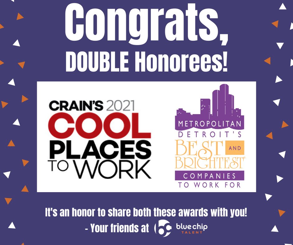 bluechiptalent's tweet photo. Special shoutout to these fellow @crainsdetroit and @101Best DOUBLE award winners: @nthconsultants, @OHMadvisors, and @OneMagnify! Well done! #coolplacestowork #THEBB https://t.co/BLFKBHazmu