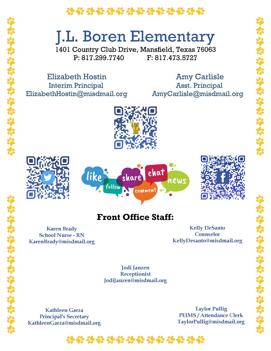 Good Afternoon Boren Friends &amp; Family!  Here is our updated communication flyer in case you need to reach us directly for any reason whatsoever. We always love to hear from you!! 🤩