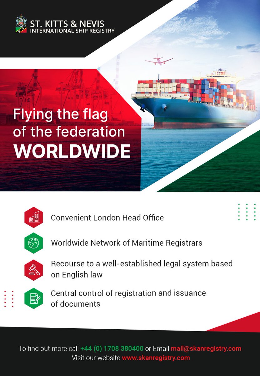 St Kitts and Nevis International Ship Registry
Fly the Flag of the Federation of St Kitts &amp;Nevis

How to Register or get more details?

1. Head Office : lnkd.in/gV3zkJS
E: mail@skanregistry.com
T: +44 (0)1708 380400
2. Maritime Registrar : lnkd.in/g2zeyYQ
#SKANReg