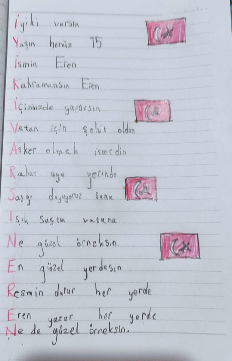 #Şehitlerimiz Eren BÜLBÜL ve Astsubay Kıdemli Başçavuş Ferhat GEDİK'in Aziz hatırasına itafen; 2/A sınıfı öğrencimiz Kerem'in dizelerinden.                 <a href="/tcmeb/">Millî Eğitim Bakanlığı</a> <a href="/Bursa_MEM/">Bursa M.E.M</a>                      <a href="/Osmangazi_MEM/">Osmangazi İlçe Milli Eğitim Müdürlüğü</a> @serkangur_ist <a href="/GurhanCokgezer/">Gürhan Çokgezer</a> <a href="/yazcayir/">Erdal Yazçayır</a>