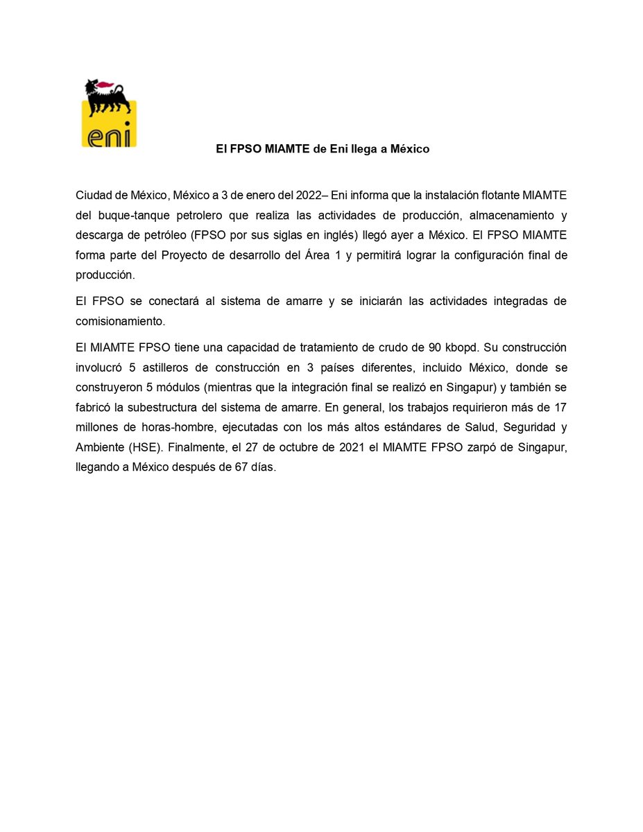 AMEXHI_Oficial's tweet photo. ¡Enhorabuena! @eni anunció que el FPSO #MIAMTE, llegó a México y fue instalado para realizar las actividades de producción, almacenamiento y descarga de petróleo en el desarrollo del Proyecto en el Área 1. #MiembroAMEXHI (1-3) https://t.co/xub0bA5KXA