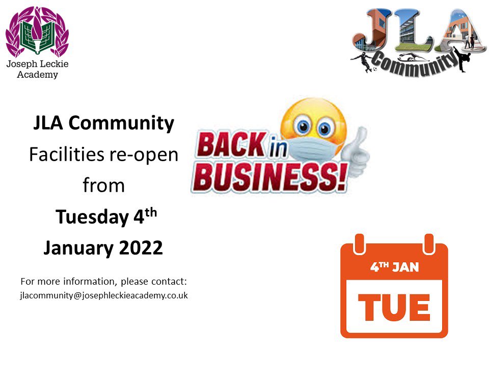 Happy New Year!

From tomorrow (Tuesday 4th January 2022) our facilities re-open from the closure over the festive period. 

For any queries, please contact: 

Community@josephleckieacademy.co.uk
