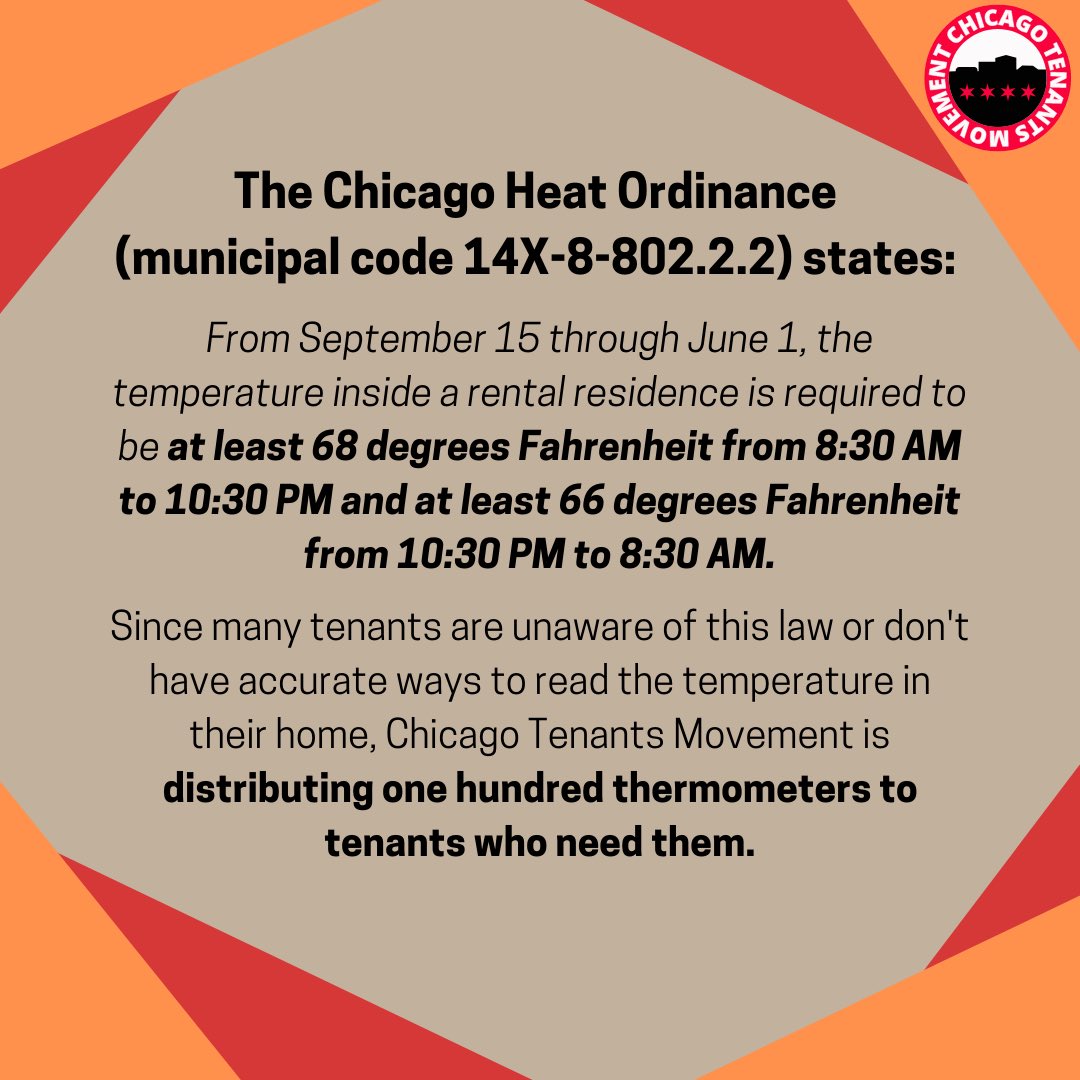 ChiTenants's tweet photo. The weather is getting colder and the landlords are getting shadier! Chicago Tenants Movement is handing out thermometers to tenants who believe their landlord has shut off the heat or lowered it below the legal minimum!(68 degrees during the day 66 at night)

⬇️⬇️More Info!⬇️⬇️ https://t.co/QycQBaaeq4