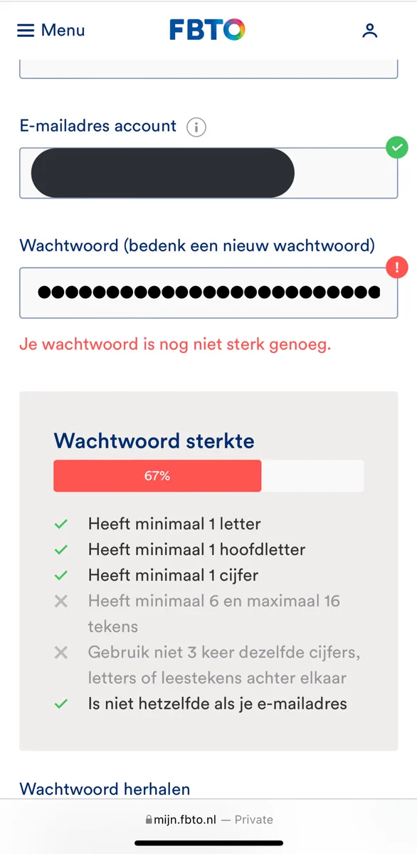 Screenshot van wachtwoord sterkte weergave op fbto.nl