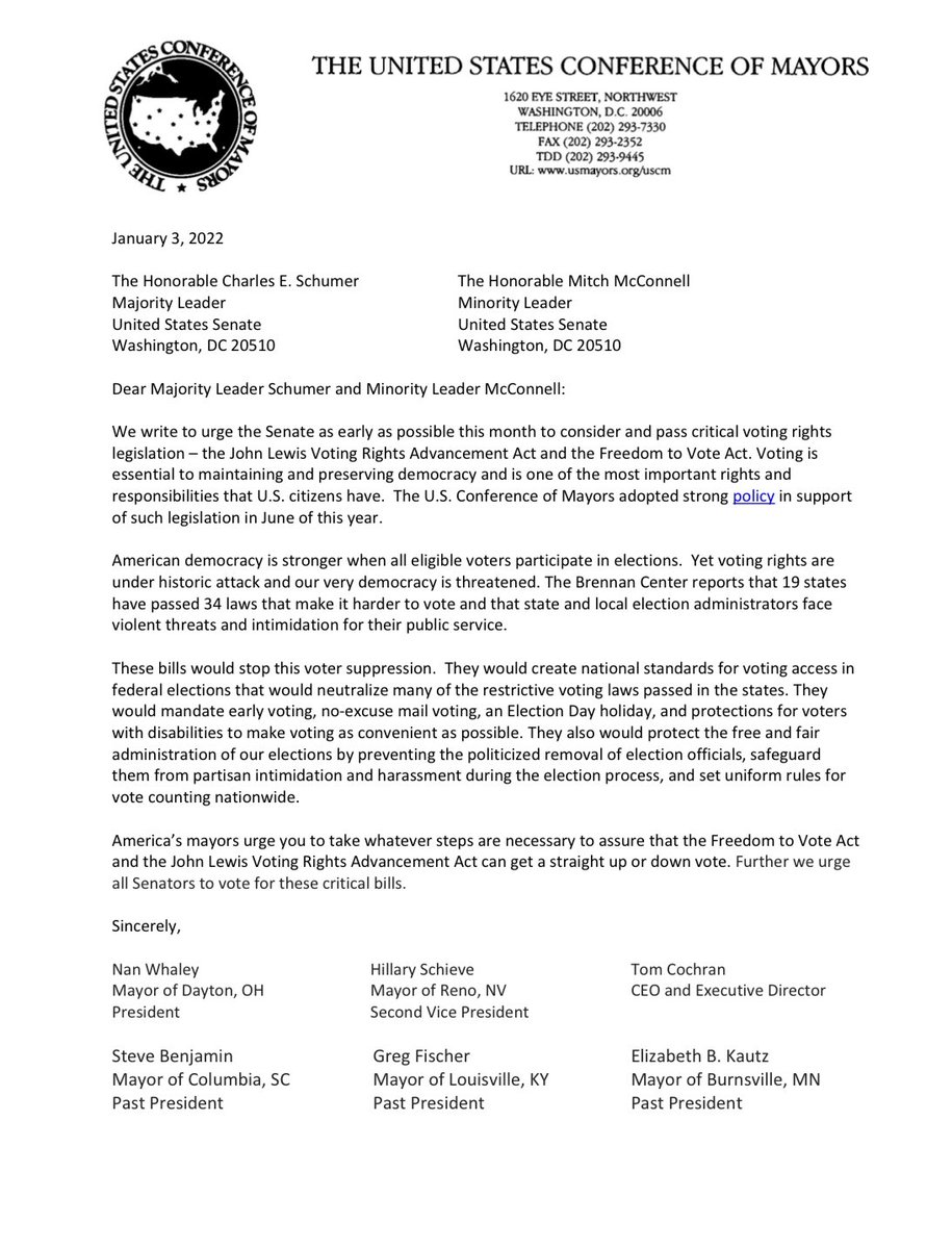 Every American must have an equal opportunity to participate in our democracy. I proudly join @usmayors in urging every Senator to vote for the John Lewis Voting Rights Advancement Act and the Freedom to Vote Act. It’s time for action. bit.ly/3qJwJvT