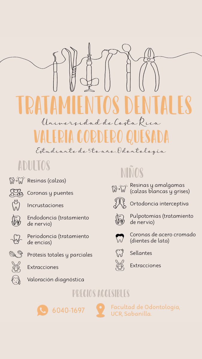 vale_corderoq's tweet photo. Holaa ✨ a partir de este año voy a estar realizando todos estos procedimientos en la Facultad de Odontología de la UCR. 

Si saben de alguien o ustedes necesitan un tratamiento dental me pueden escribir a mi número (6040-1697) o por acá. 

Me ayudan con un RT porfa🙏🏼 https://t.co/RYZ9kVsbpd