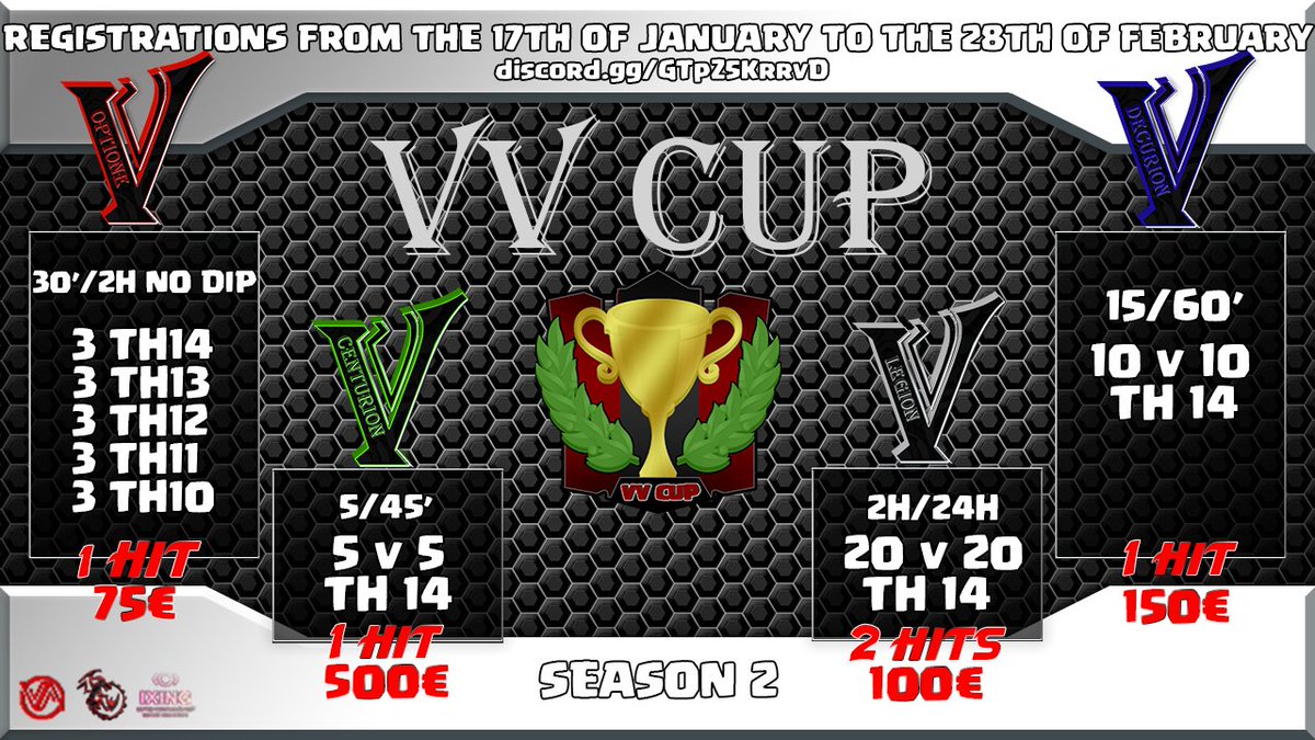 We are back with a season 2 and 4 differents leagues : 

- Centurion : 5vs5 TH14 
- Decurion : 10vs10 TH14
- Legion : 20vs20 TH14
- Optione 15vs15 Mixed 
You can find all the details of the tournament (rules and registrations) on our discord:
discord.gg/GTpZ5KrrvD