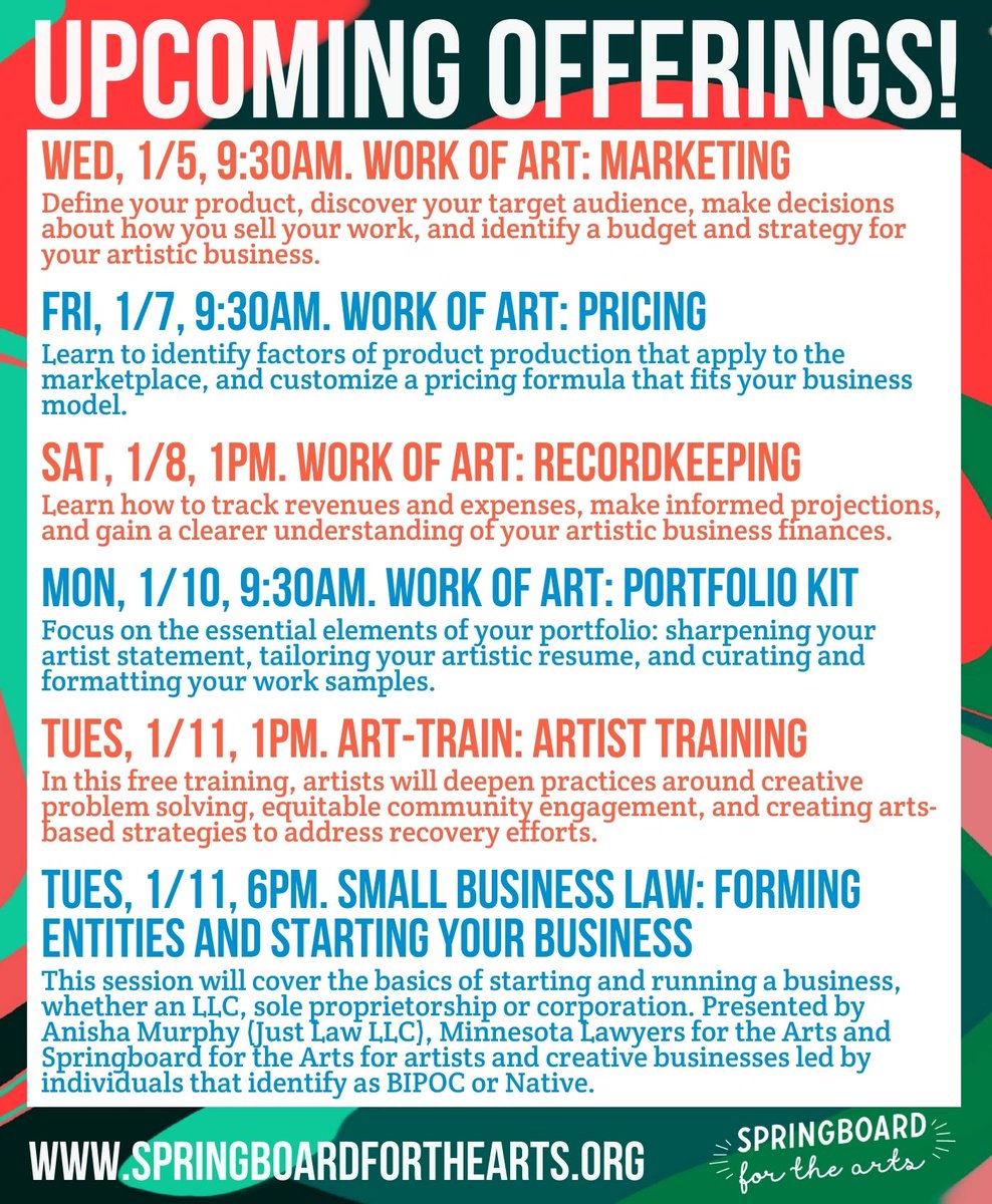 SpringboardArts's tweet photo. Springboard is open! Join us this month for Work of Art’s J-Term Business Skills for Artists series, Art-Train Individual Artist Training, Small Business Law workshops for BIPOC and Native creatives and much more. Sign up today at https://t.co/Zdx686FeVT #CreativePeoplePower https://t.co/qG5Dfg8Q9s