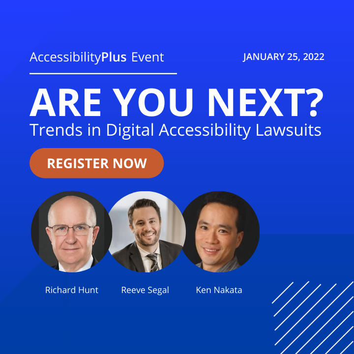 accessibility00's tweet photo. Are you next? Register now for our first #AccessibilityPlus2022 event of the year. This event will highlight existing legal trends in digital accessibility lawsuits as well as projections for 2022. Visit our event page to learn more: https://t.co/K7uDmKoTsO https://t.co/dZQiGn6yo6