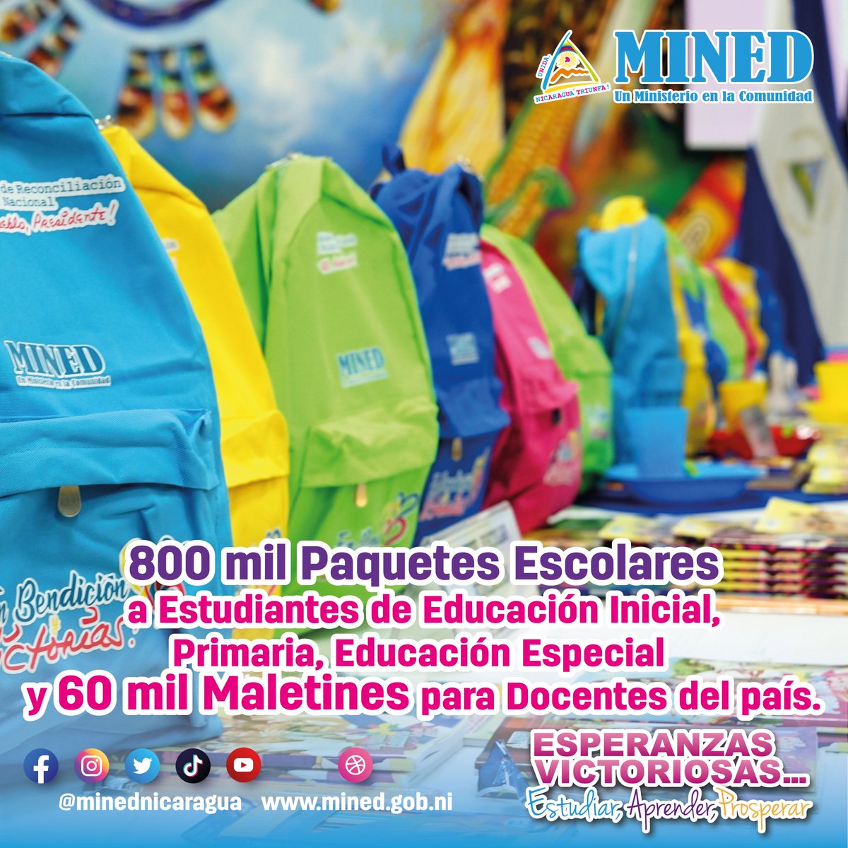 A partir del 24 de enero, el Gobierno de #Nicaragua entregará 800 mil Paquetes Escolares a Estudiantes de Educación Especial, Inicial, Primaria, Modalidades a Distancia en el Campo y 60 mil Maletines para Docentes de los diversos departamentos del país.