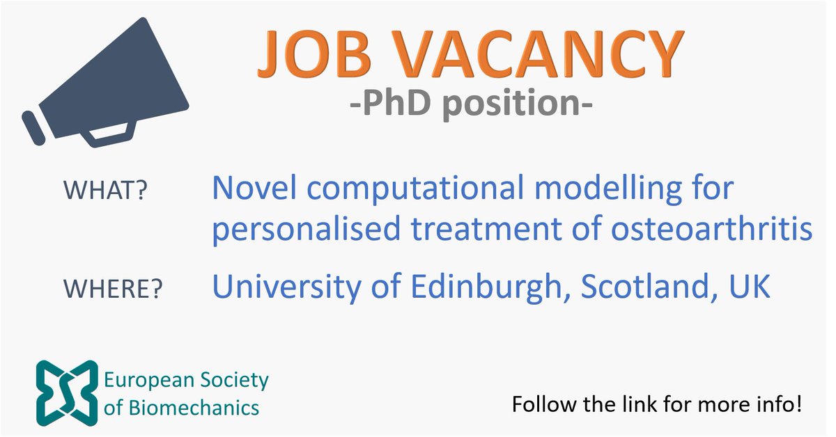 Are you interested in finite elements modelling? 💻 Would you like to do a PhD in Scotland? 👇

A fully funded PhD opportunity in “Novel computational modelling for personalised treatment of osteoarthritis” is available at <a href="/EdinburghUni/">The University of Edinburgh</a>

More info here: esbiomech.org/blog/2022/01/0…