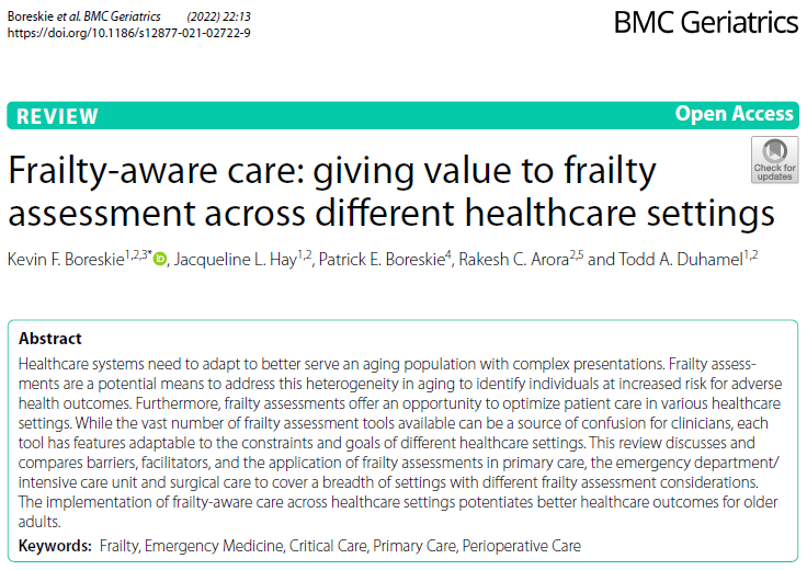 Kevin Boreskie (@kboreskie) on Twitter photo Our new paper in <a href="/BMC_series/">BMC Series</a> Geriatrics is out 📰
We discuss how implementing #frailty-aware care can potentiate better outcomes for older adults in primary, acute and surgical care (and compare between!) 👇
bmcgeriatr.biomedcentral.com/articles/10.11…
<a href="/JacquelineLHay/">Jacqueline Hay</a> <a href="/TheRakeshArora/">Rakesh C. Arora</a> <a href="/PBoreskie/">Patrick Boreskie</a> Our new paper in <a href="/BMC_series/">BMC Series</a> Geriatrics is out 📰
We discuss how implementing #frailty-aware care can potentiate better outcomes for older adults in primary, acute and surgical care (and compare between!) 👇
bmcgeriatr.biomedcentral.com/articles/10.11…
<a href="/JacquelineLHay/">Jacqueline Hay</a> <a href="/TheRakeshArora/">Rakesh C. Arora</a> <a href="/PBoreskie/">Patrick Boreskie</a>
