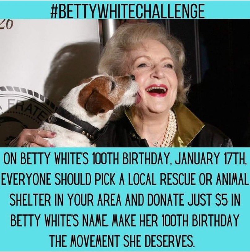 Twitter post that accompanied the #BettyWhiteChallenge hashtag. Betty White with a wire-haired Jack Russel Terrier licking her face.
