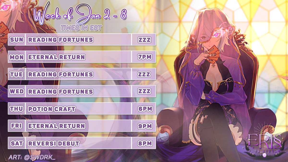 ErisVoidsong's tweet photo. 🔮WEEKLY SCHEDULE🔮
🌌 || 1/3-1/8 || 🌌
💜Live: #VoidOn
💜Meme: #MemEris
💜Art: #ArtOfTheVoid
💜NSFW: #VoidLewd https://t.co/ViLZBdvRZU