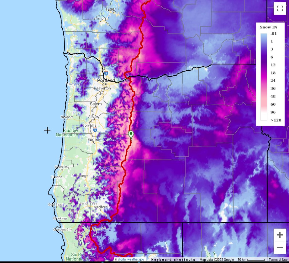 postholer's tweet photo. The 3 day NDFD snow accumulation forecast for the #PacificCrestTrail in #Oregon, particularly the 3 Sisters/McKenzie Pass area is and will continue to get pounded with snow, > 4 feet. #OregonSnow is having a banner year as well, so far. https://t.co/kBABYqLWze https://t.co/c050DOZu8Q