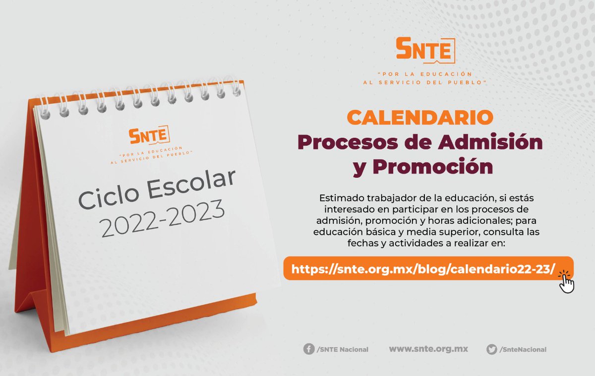 SnteNacional's tweet photo. #UnoSomosTodos 🙋‍♀️🙋‍♂️

🔴 Es tiempo de los procesos de Admisión 👩‍🎓 promoción 👨‍🏫 y horas adicionales 👩‍💻 para educación básica y media superior 👉Consulta fechas y 👉actividades

Ve aquí los detalles 👇👇👇
https://t.co/2VCEQCjSOR https://t.co/TY0ZCCcllj