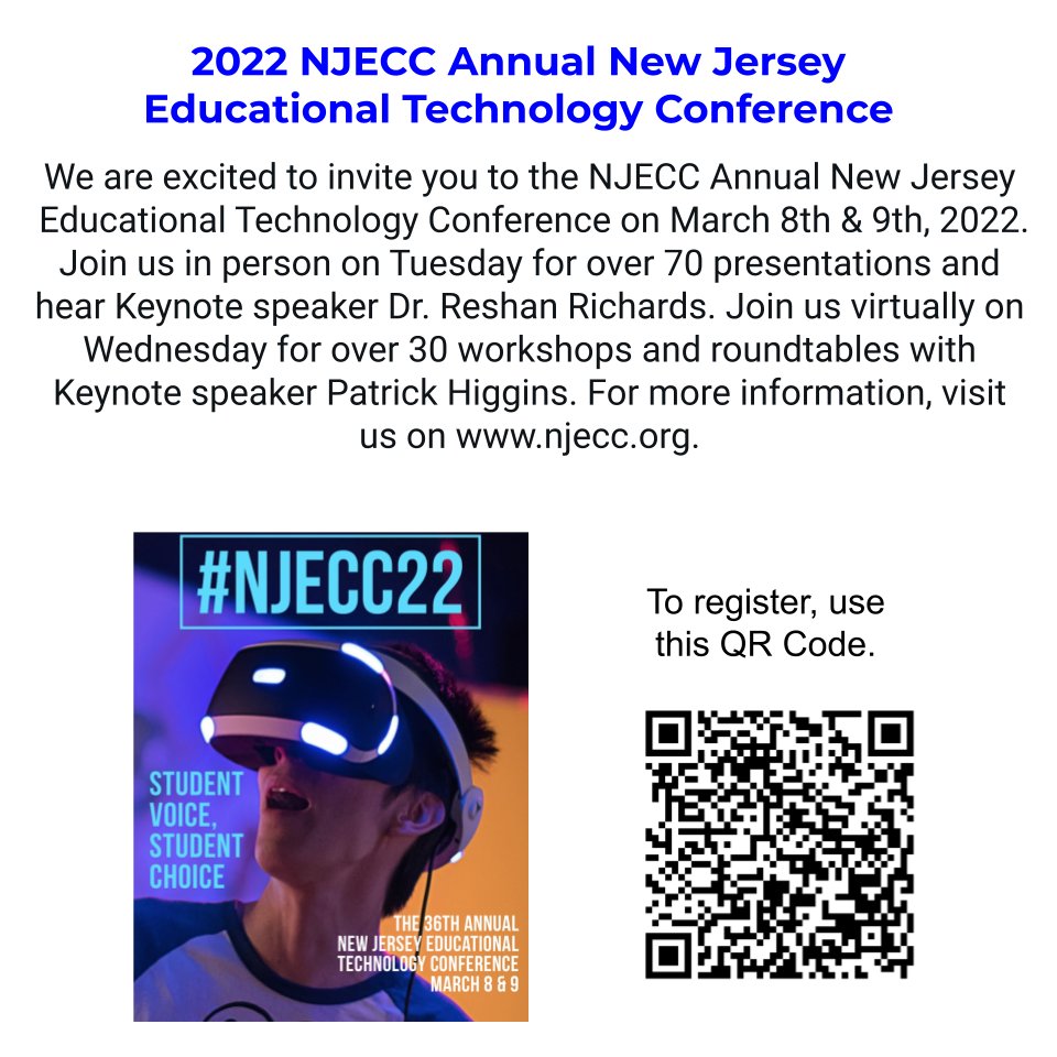 NJECC's tweet photo. Get inspired and transform your teaching using technology. For more information see our schedule @ https://t.co/EqkLalloSr

#njecc #njedtech #njteachers @NJEAPD @NJEA @NJPSA @NJASL @njasa https://t.co/IADtZwoSMM