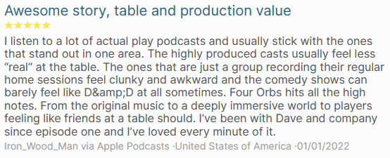 FourOrbs's tweet photo. I'm not sure who you are Iron_Wood_Man, but thank you so much for the kind and first review of 2022! I'm glad our style is so obvious to you!
Remember to rate and review your favorite podcasts! It will mean the world to them!
#orbtime #DnD #podcast #PodernFamily #ttrpg https://t.co/DAF8oW0Tvh