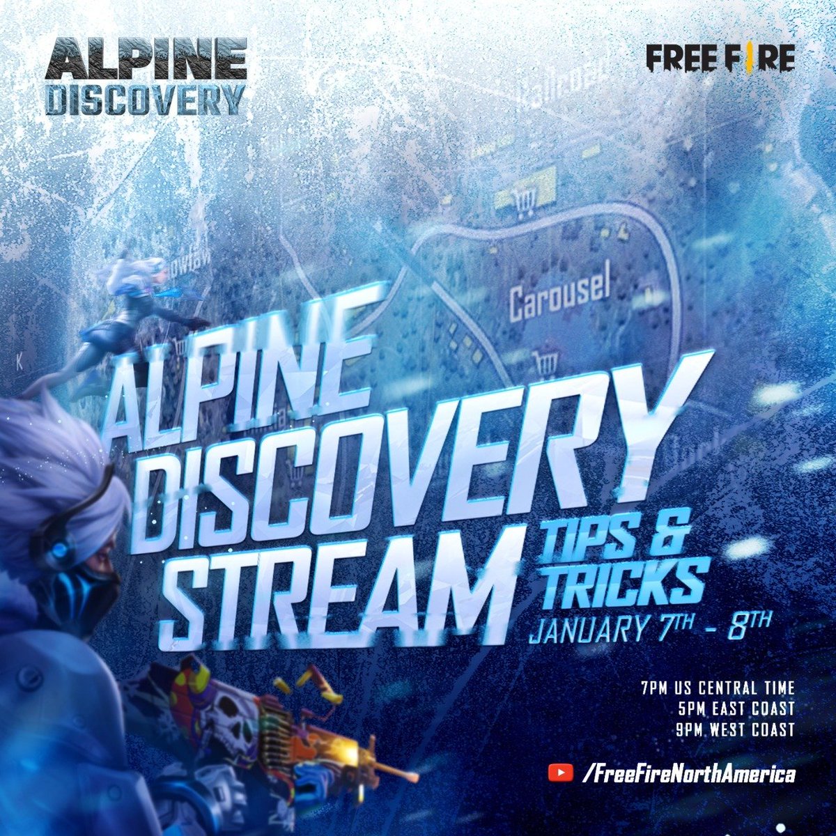 FreeFire_NA's tweet photo. Learn the nooks & crannies of the new Alpine map in our upcoming #AlpineDiscoveryStream! ποΈπΊοΈ
Tune into our YouTube channel this January 7th and 8th to discover tips & tricks on the map from your favorite influencers, and get a head start on the mysteries of the map! https://t.co/RMZwH3bD6g